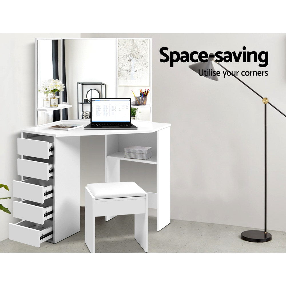 Artiss Dressing Table Stool Set Corner 5 Drawers White Furniture > Bedroom > Dressing Vanity & Dressing Tables