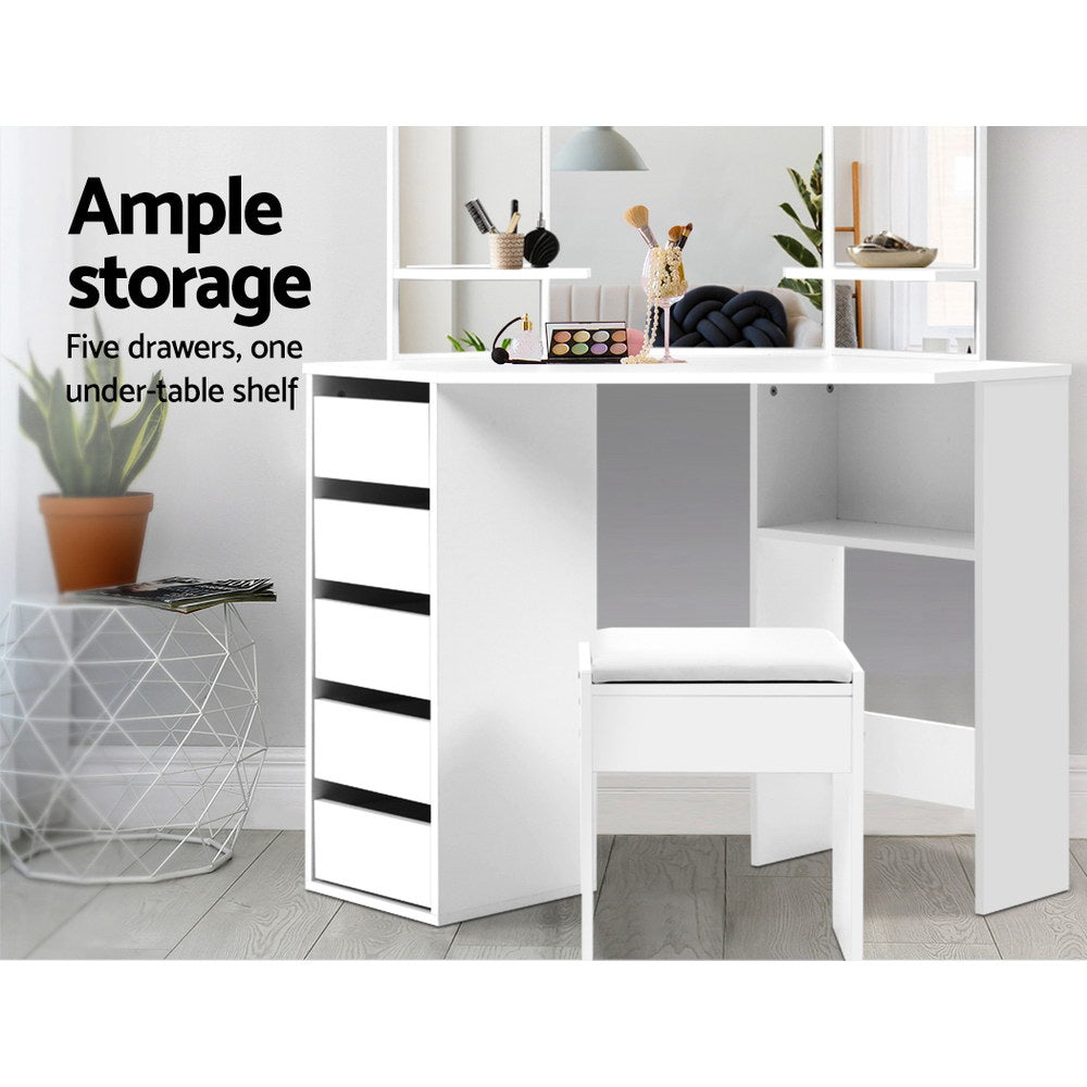 Artiss Dressing Table Stool Set Corner 5 Drawers White Furniture > Bedroom > Dressing Vanity & Dressing Tables