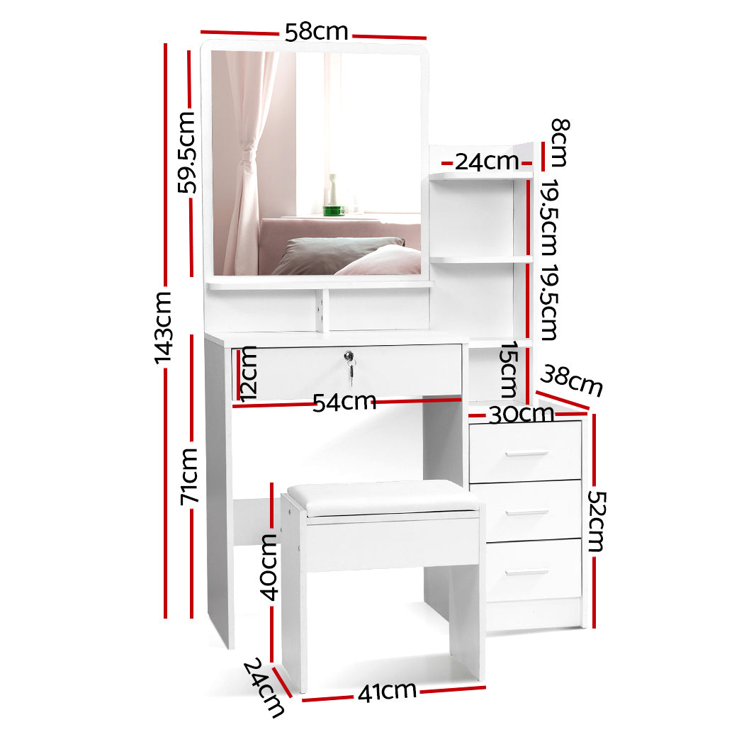 Artiss Dressing Table Stool Set 4 Drawers White Furniture > Bedroom > Dressing Vanity & Dressing Tables