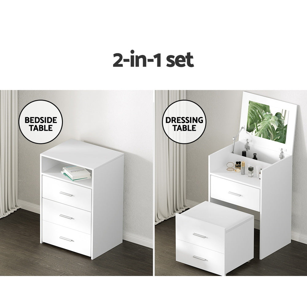 Artiss 2 in 1 Dressing Table Stool Set Bedside Table White Furniture > Bedroom > Dressing Vanity & Dressing Tables