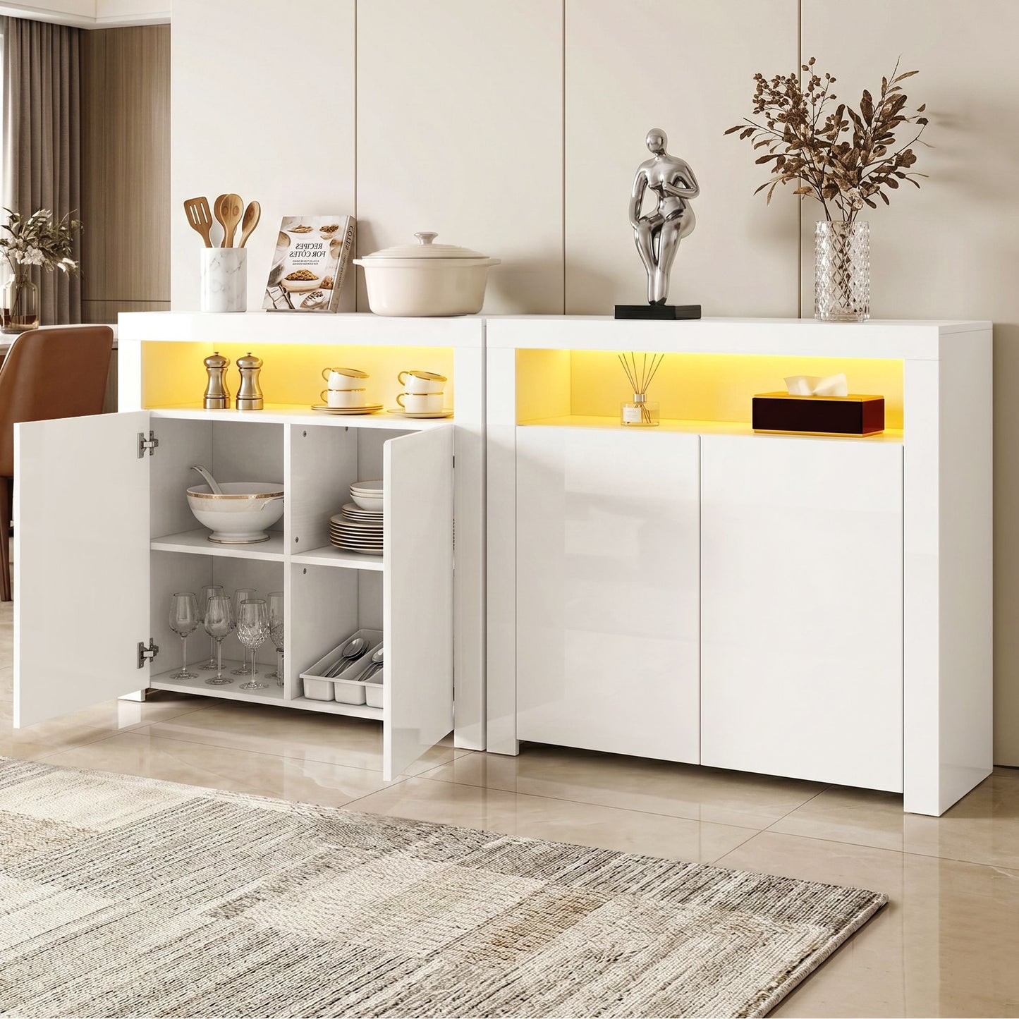 2x Buffet Sideboard Cabinet LED Cupboard High-Gloss Storage Pantry ARNO