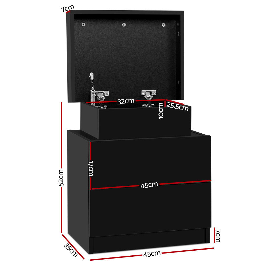 Artiss Bedside Table 2 Drawers Lift-up Storage - COLEY Black - Furniture > Bedroom > Bedside Tables