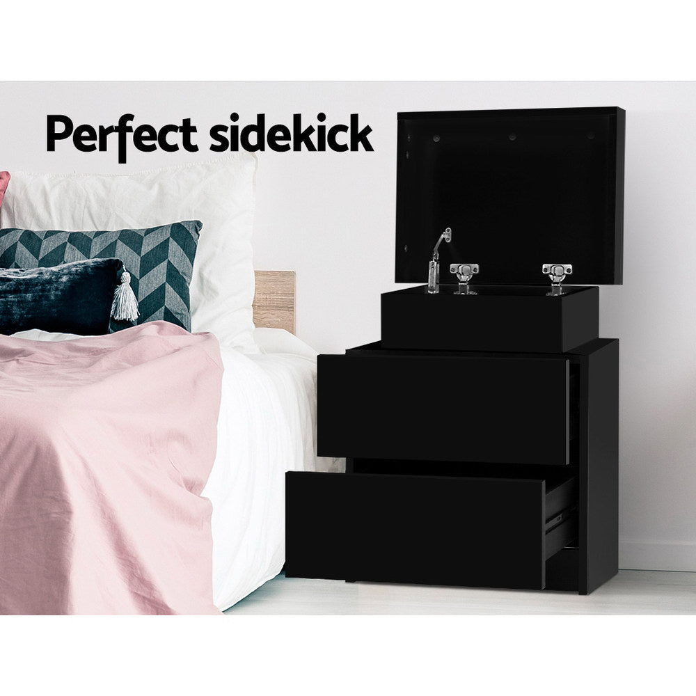 Artiss Bedside Table 2 Drawers Lift-up Storage - COLEY Black - Furniture > Bedroom > Bedside Tables