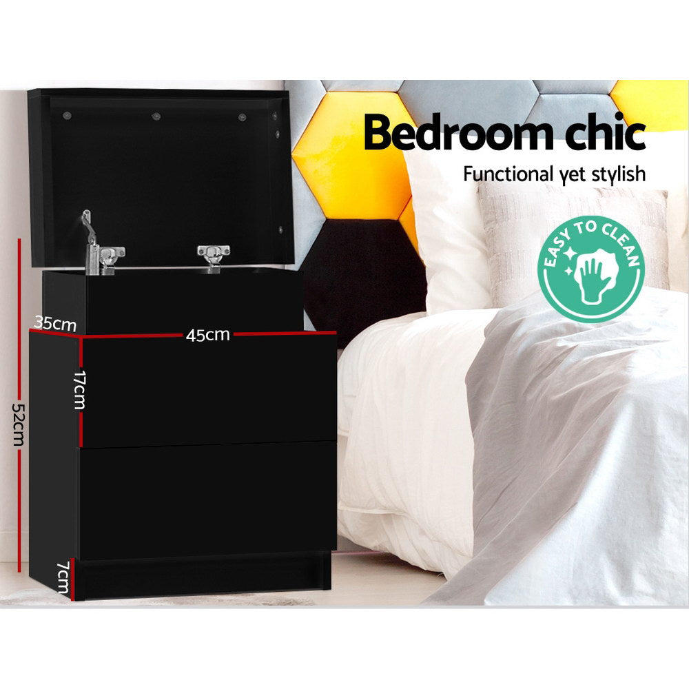 Artiss Bedside Table 2 Drawers Lift-up Storage - COLEY Black - Furniture > Bedroom > Bedside Tables