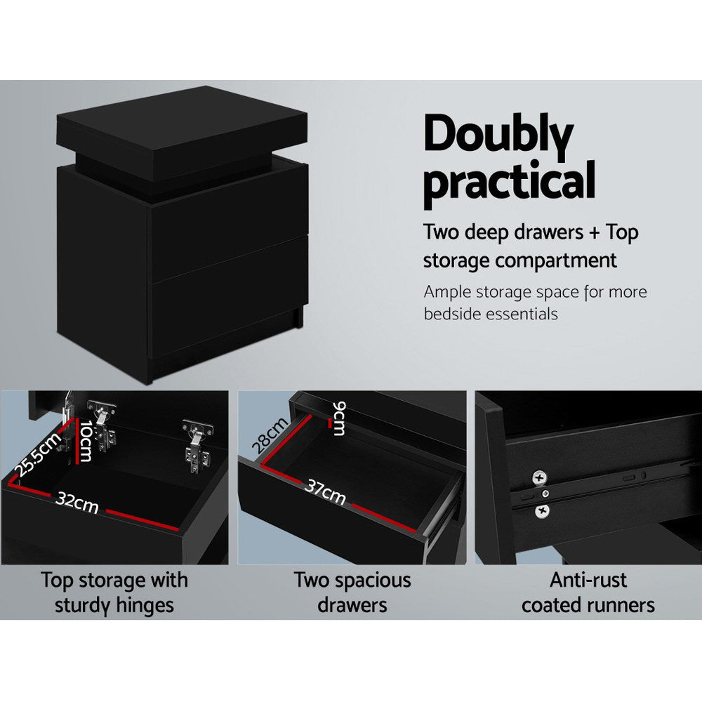 Artiss Bedside Table 2 Drawers Lift-up Storage - COLEY Black - Furniture > Bedroom > Bedside Tables