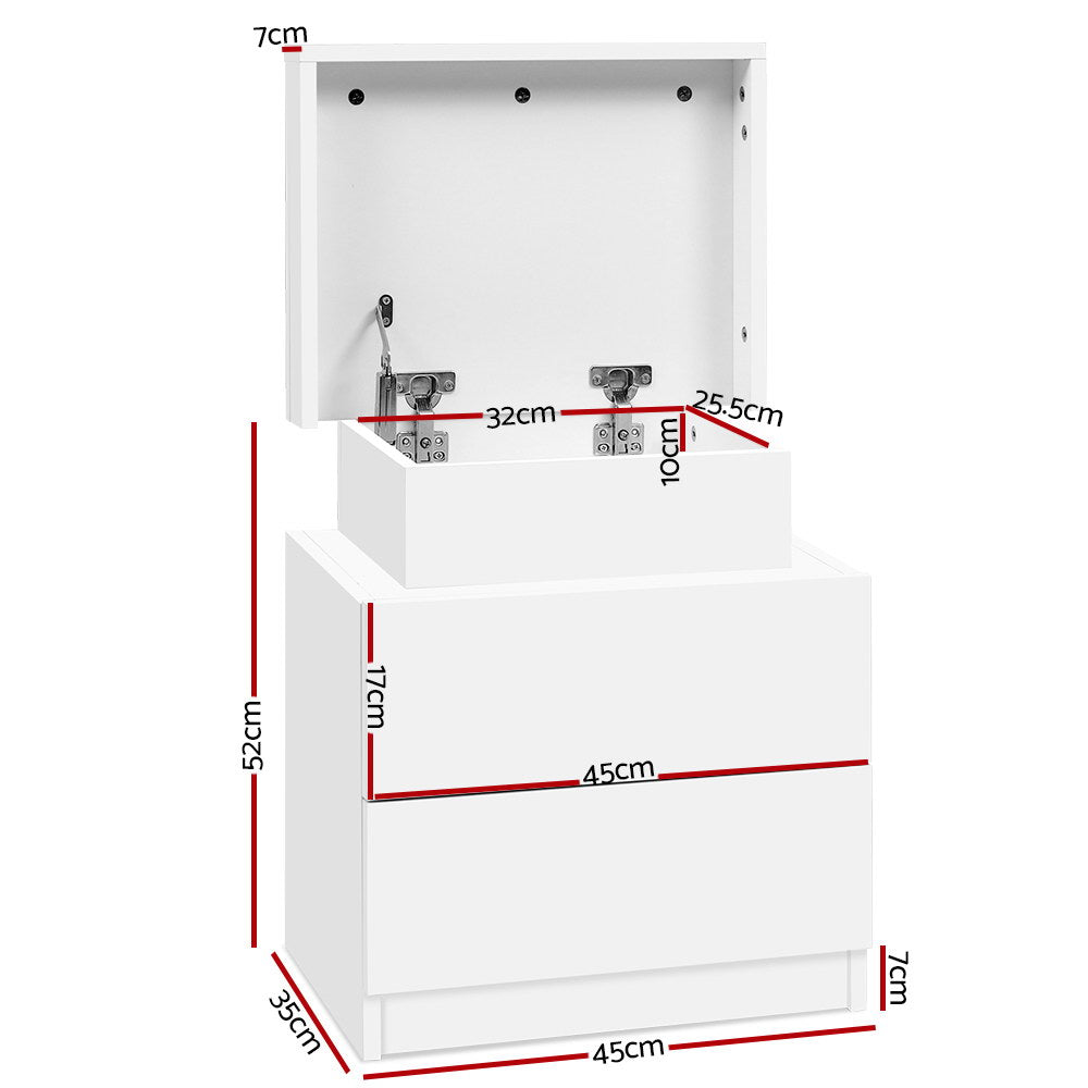 Artiss Bedside Table 2 Drawers Lift-up Storage - COLEY White - Furniture > Bedroom > Bedside Tables