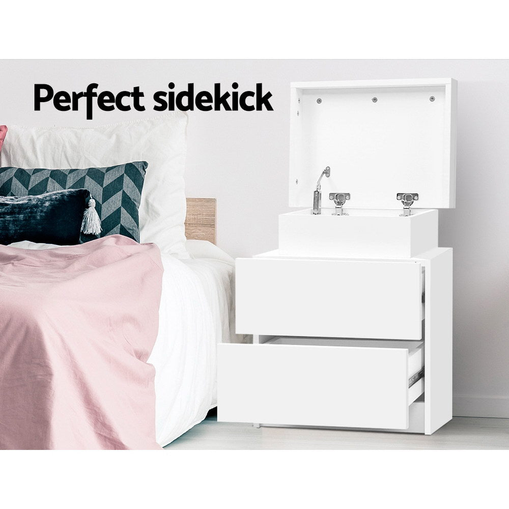 Artiss Bedside Table 2 Drawers Lift-up Storage - COLEY White - Furniture > Bedroom > Bedside Tables