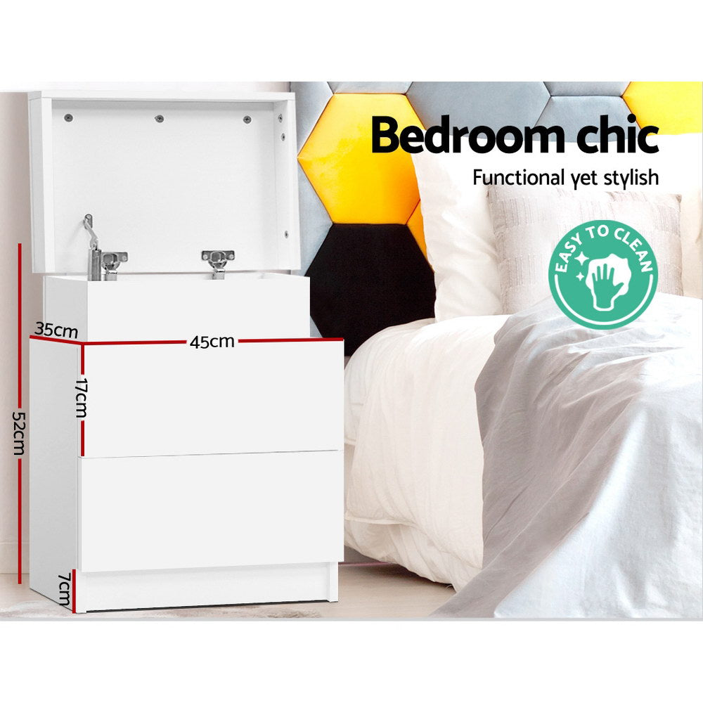 Artiss Bedside Table 2 Drawers Lift-up Storage - COLEY White - Furniture > Bedroom > Bedside Tables