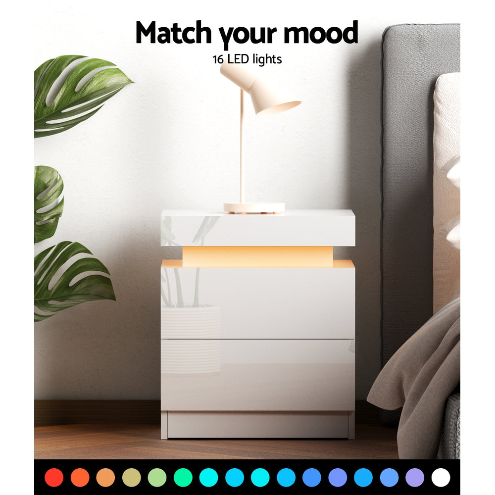 Artiss Bedside Table LED 2 Drawers Lift-up Storage - COLEY White - Furniture > Bedroom > Bedside Tables