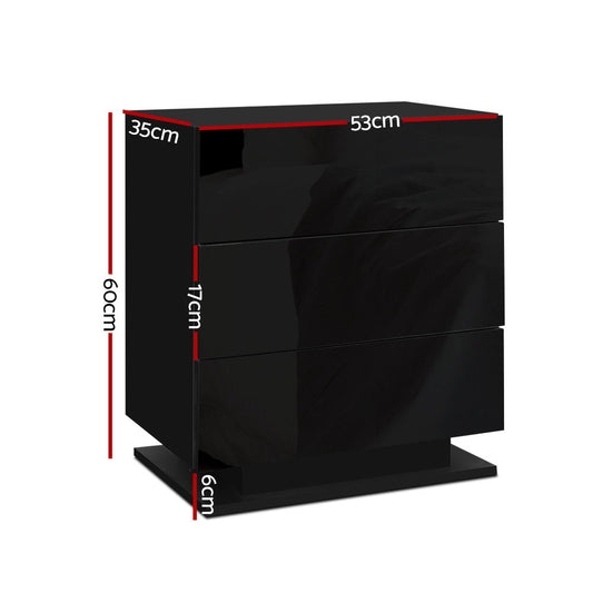 Artiss Bedside Table LED 3 Drawers MORI Black Furniture > Bedroom > Bedside Tables