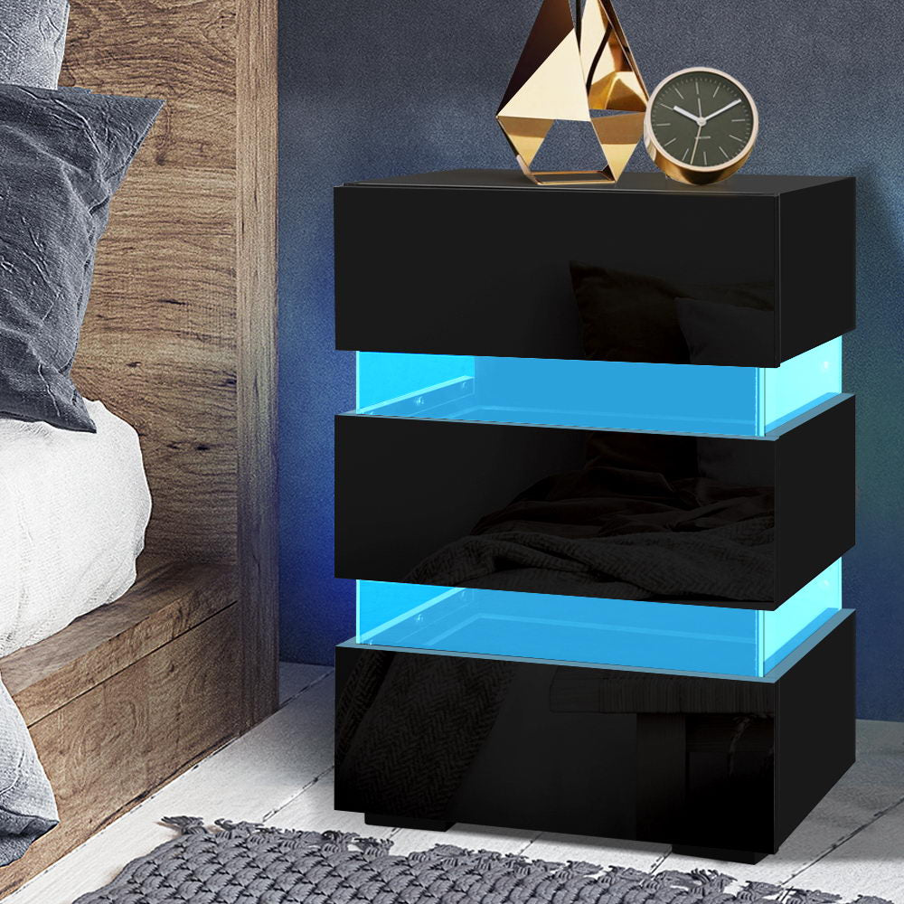 Artiss Bedside Table LED 3 Drawers - LUMI Black - Furniture > Bedroom > Bedside Tables