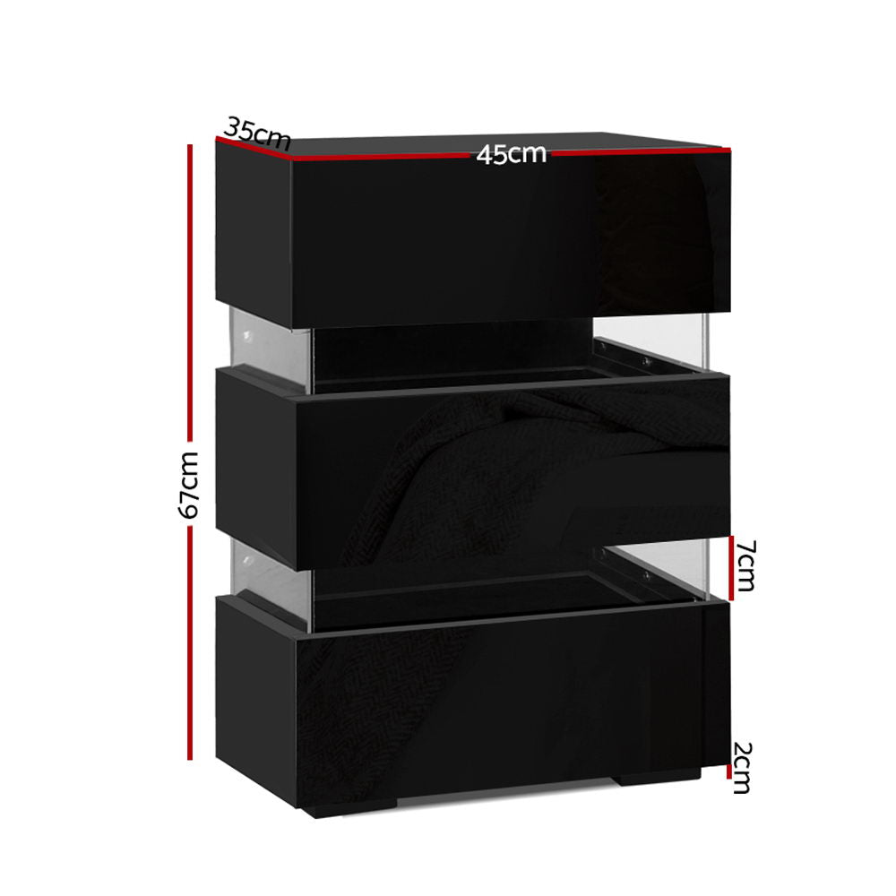 Artiss Bedside Table LED 3 Drawers - LUMI Black - Furniture > Bedroom > Bedside Tables