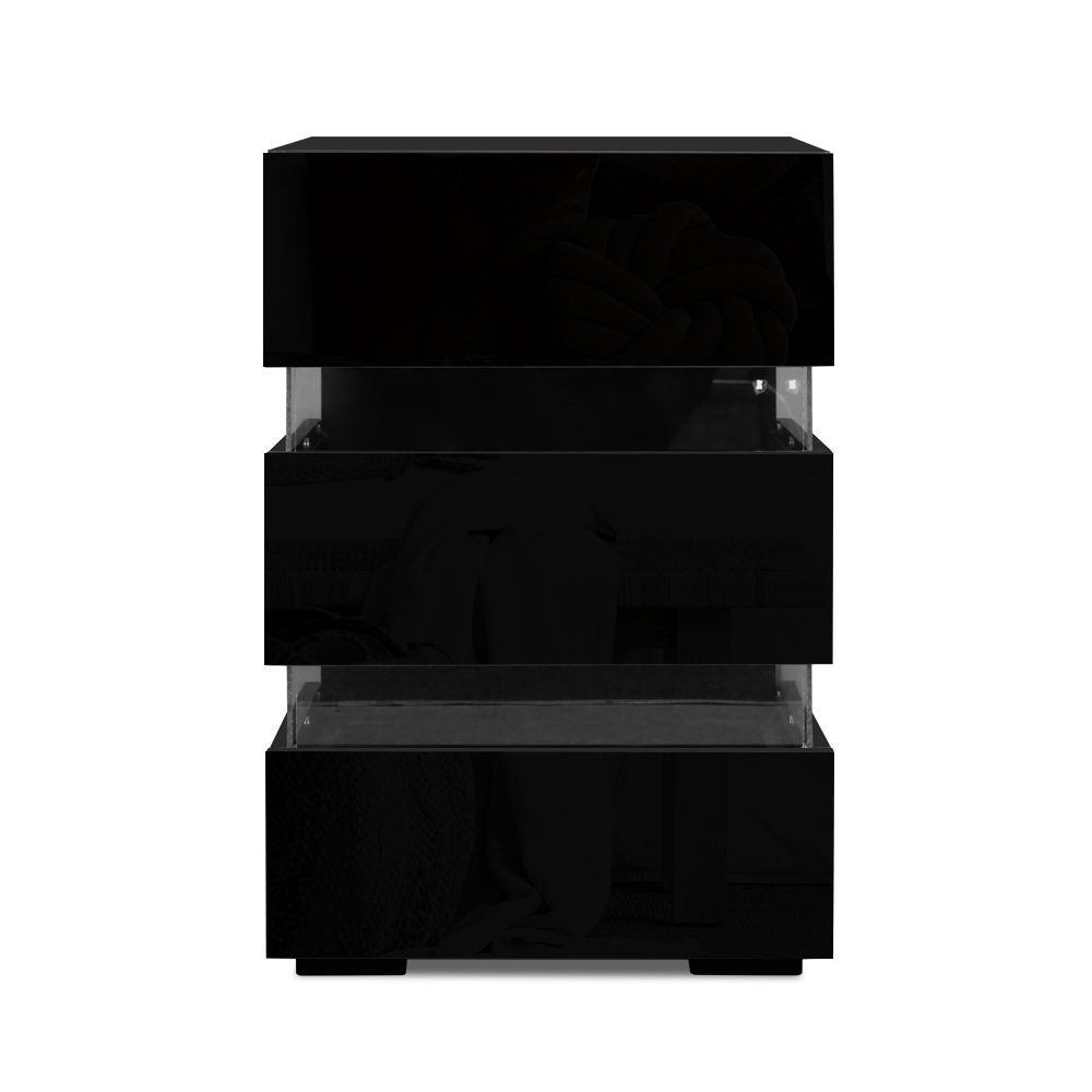 Artiss Bedside Table LED 3 Drawers - LUMI Black - Furniture > Bedroom > Bedside Tables