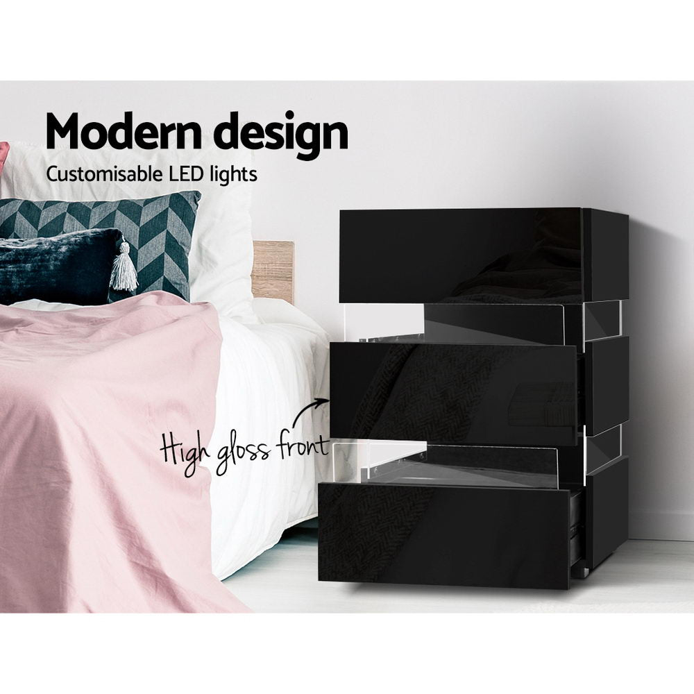Artiss Bedside Table LED 3 Drawers - LUMI Black - Furniture > Bedroom > Bedside Tables