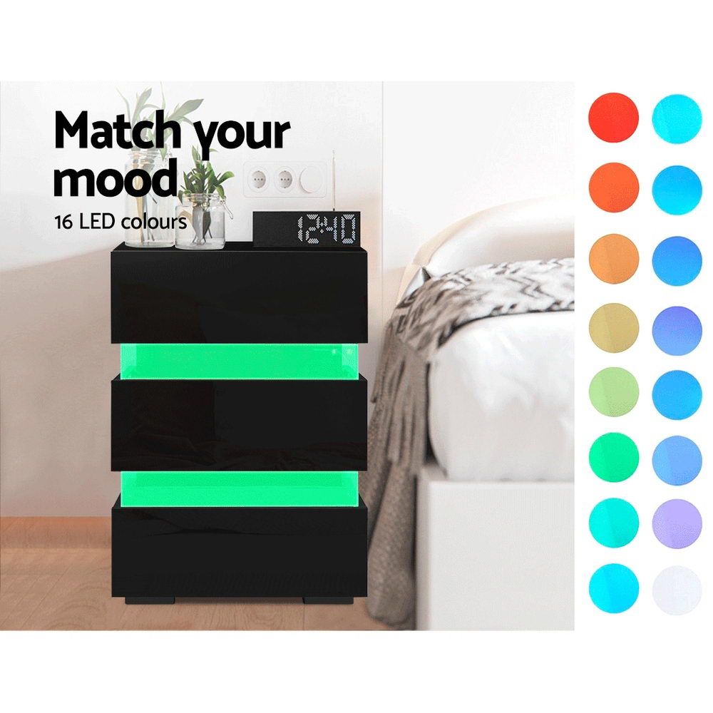 Artiss Bedside Table LED 3 Drawers - LUMI Black - Furniture > Bedroom > Bedside Tables