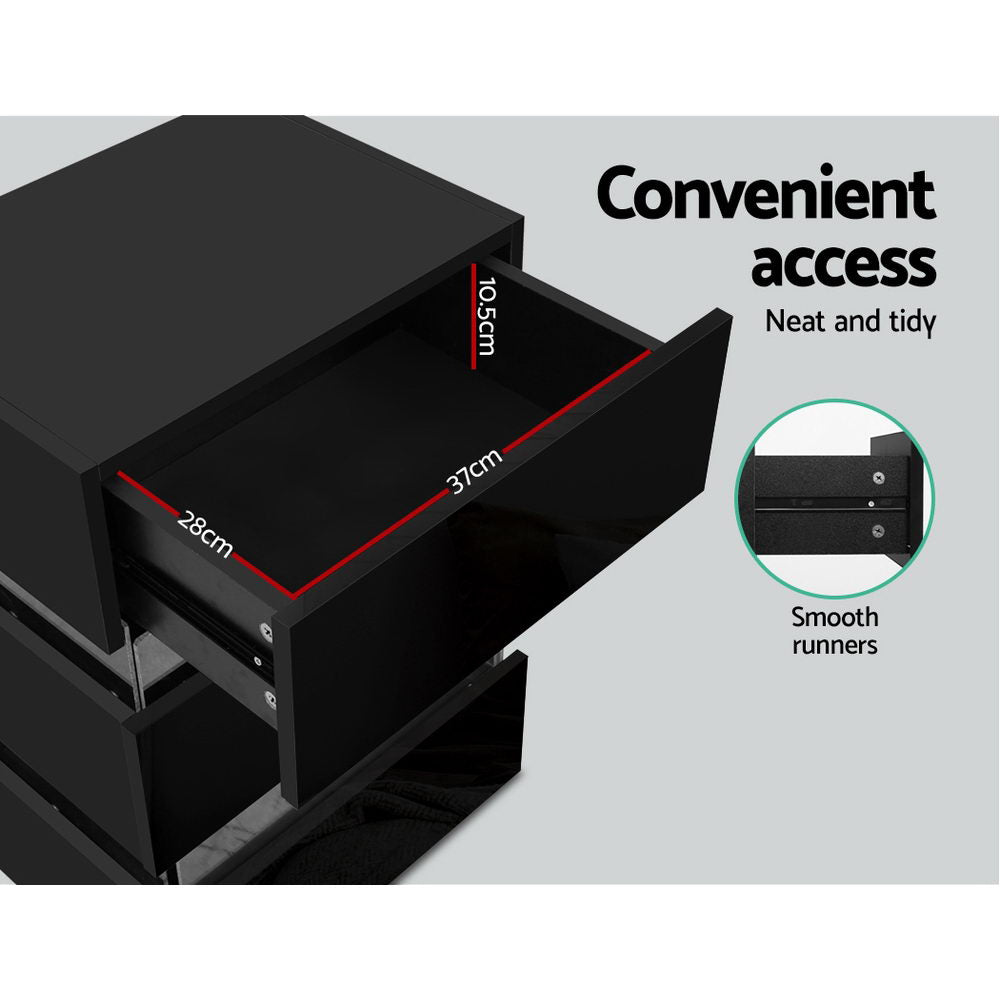 Artiss Bedside Table LED 3 Drawers - LUMI Black - Furniture > Bedroom > Bedside Tables