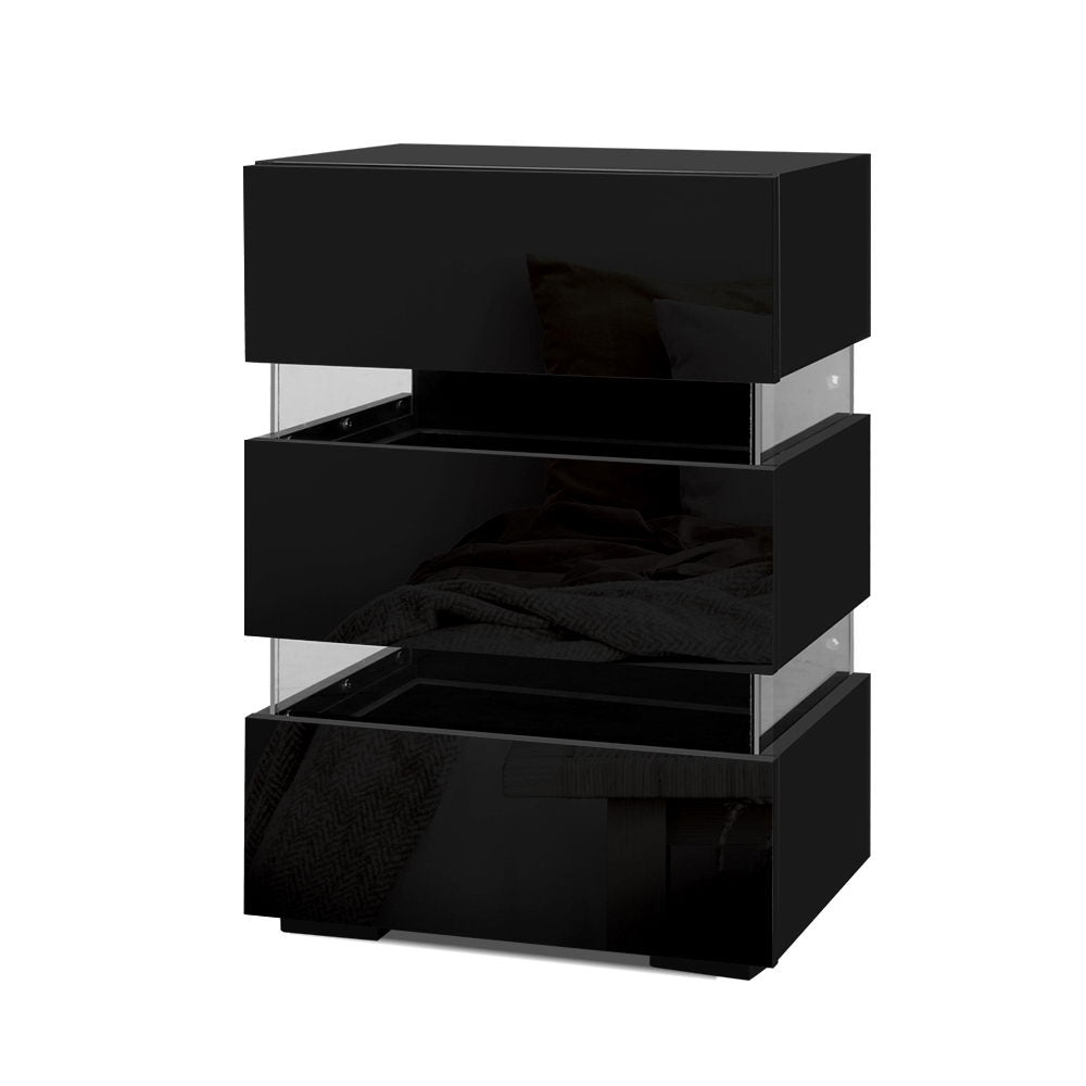 Artiss Bedside Table LED 3 Drawers - LUMI Black - Furniture > Bedroom > Bedside Tables