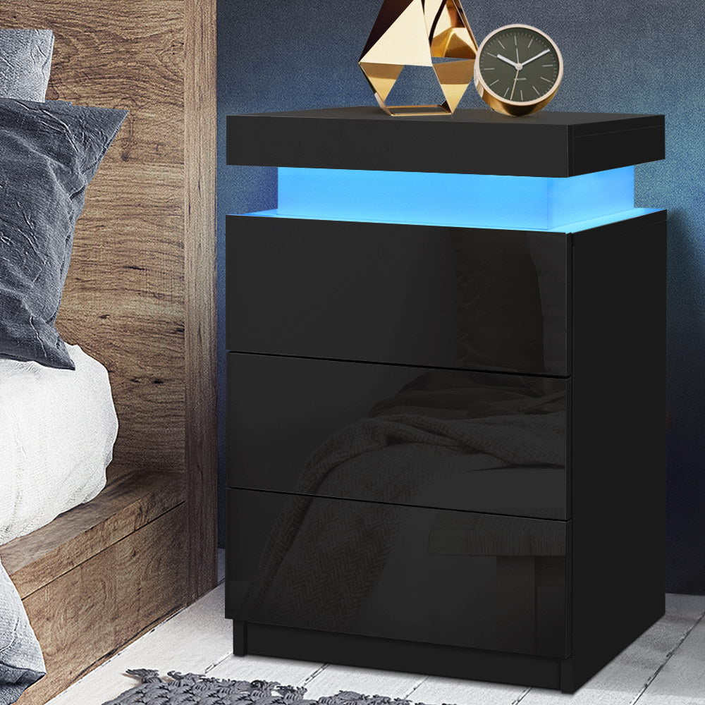 Artiss Bedside Table LED 3 Drawers - COLEY Black - Furniture > Bedroom > Bedside Tables