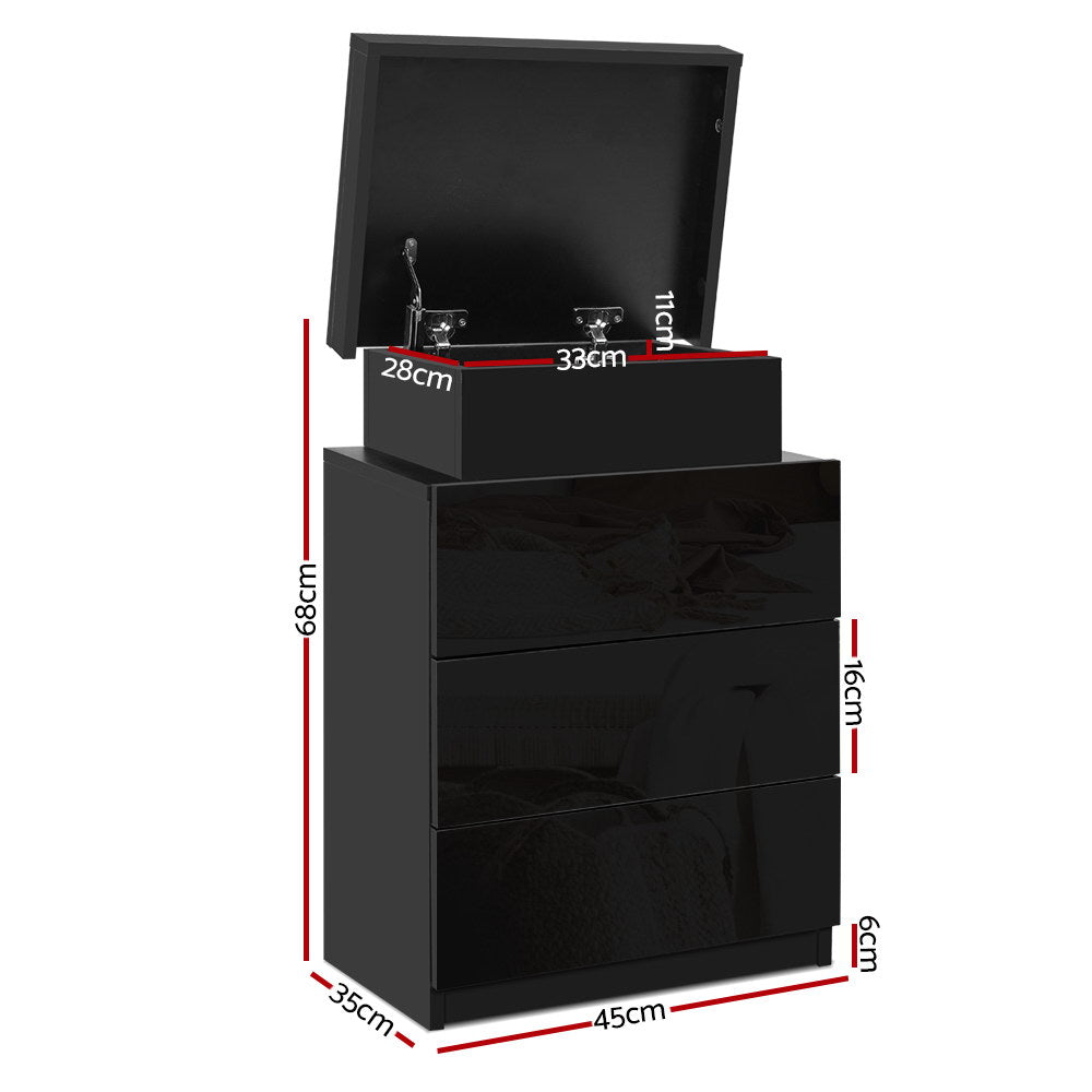 Artiss Bedside Table LED 3 Drawers - COLEY Black - Furniture > Bedroom > Bedside Tables