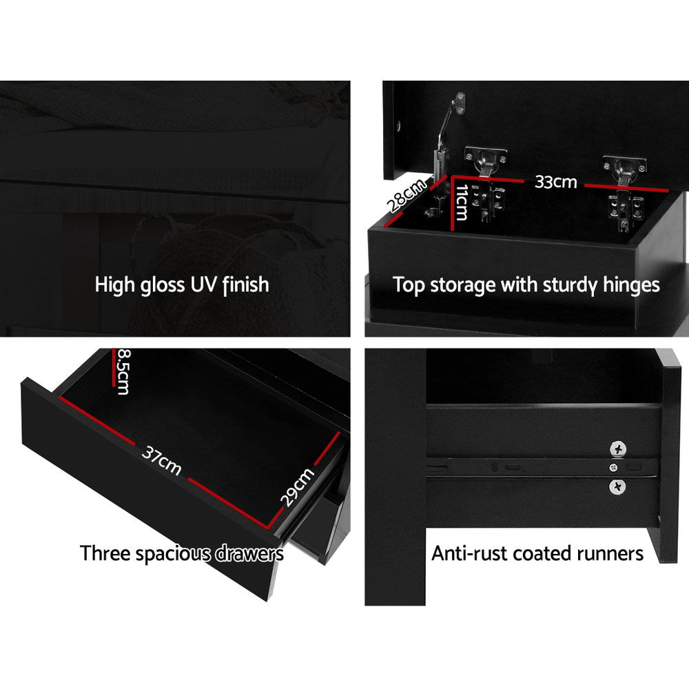 Artiss Bedside Table LED 3 Drawers - COLEY Black - Furniture > Bedroom > Bedside Tables