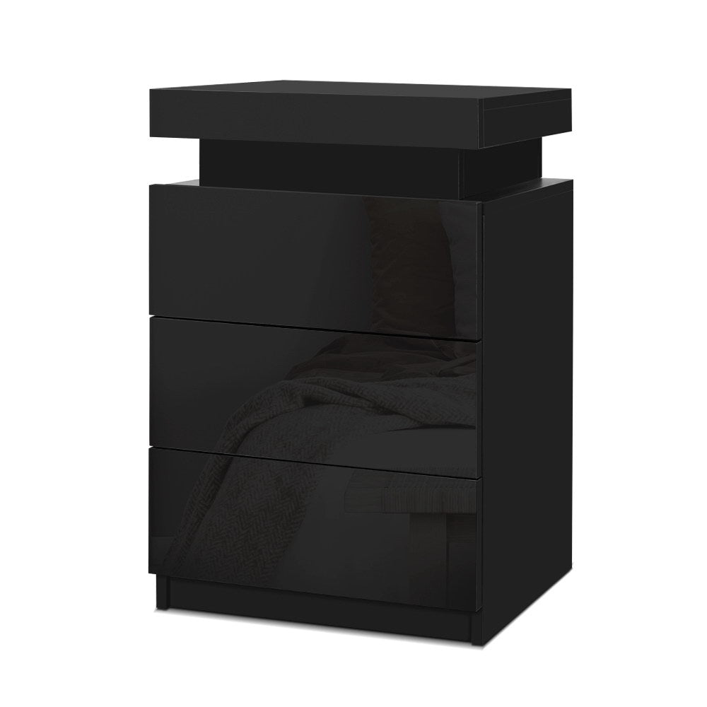 Artiss Bedside Table LED 3 Drawers - COLEY Black - Furniture > Bedroom > Bedside Tables
