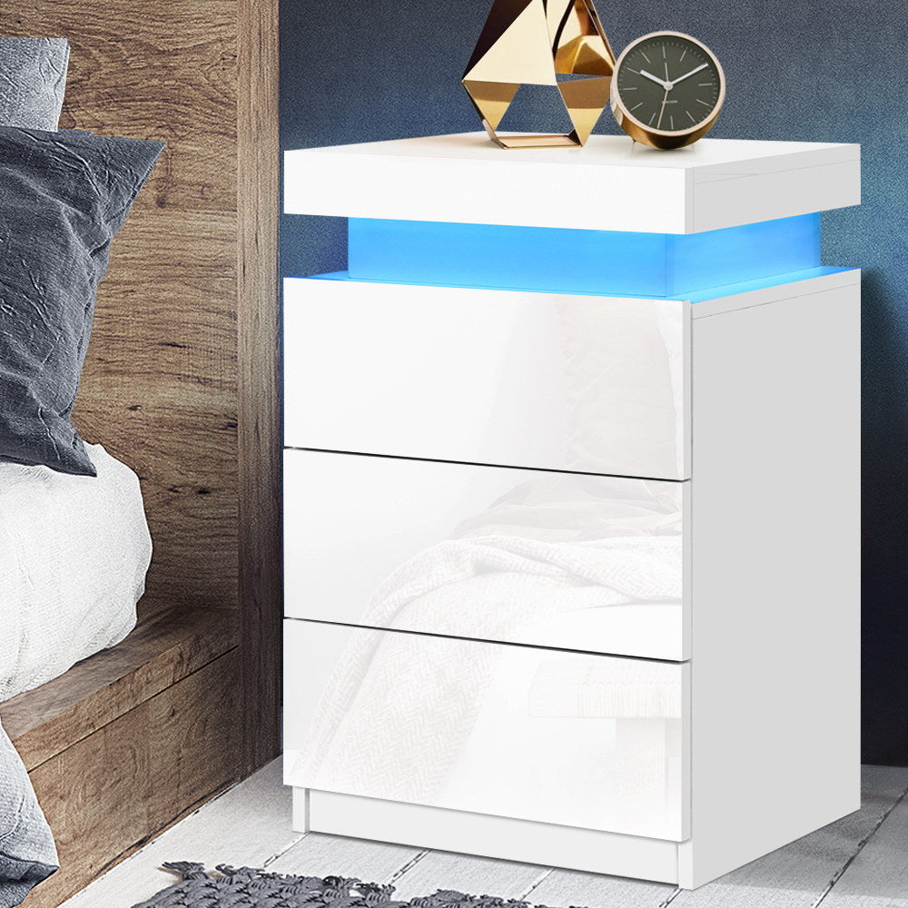 Artiss Bedside Table LED 3 Drawers - COLEY White - Furniture > Bedroom > Bedside Tables