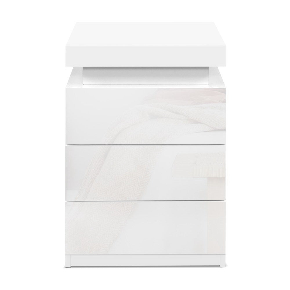 Artiss Bedside Table LED 3 Drawers - COLEY White - Furniture > Bedroom > Bedside Tables