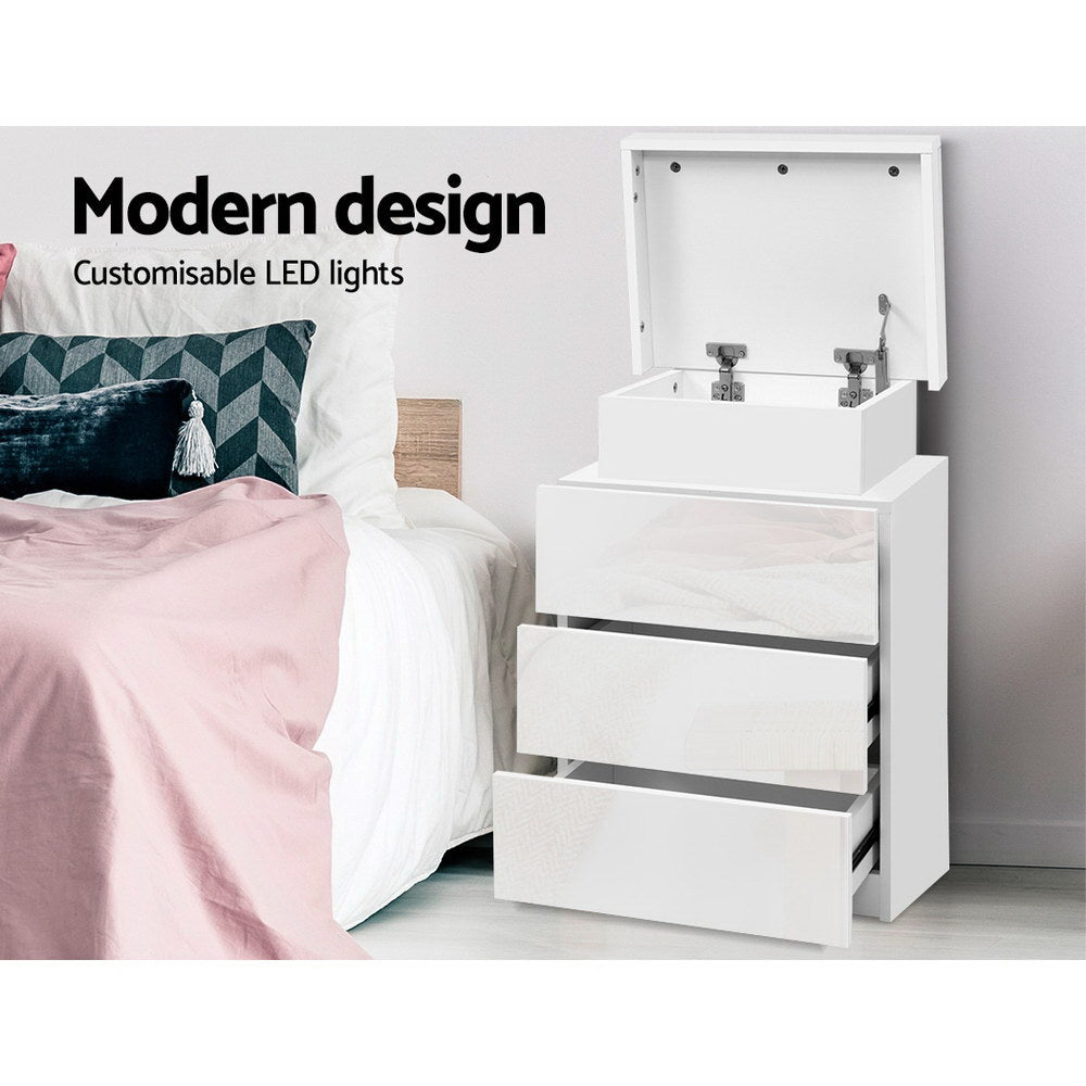 Artiss Bedside Table LED 3 Drawers - COLEY White - Furniture > Bedroom > Bedside Tables