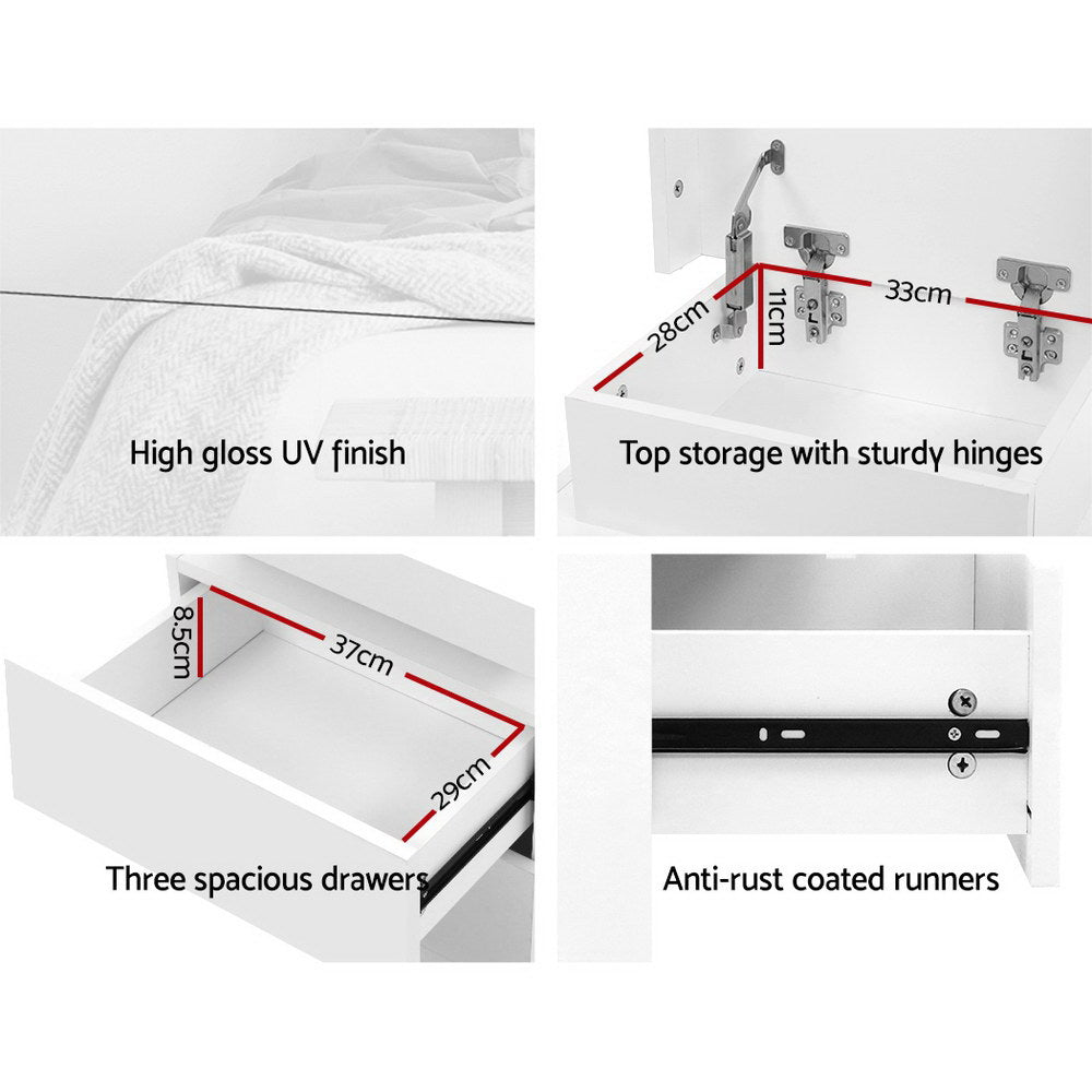 Artiss Bedside Table LED 3 Drawers - COLEY White - Furniture > Bedroom > Bedside Tables