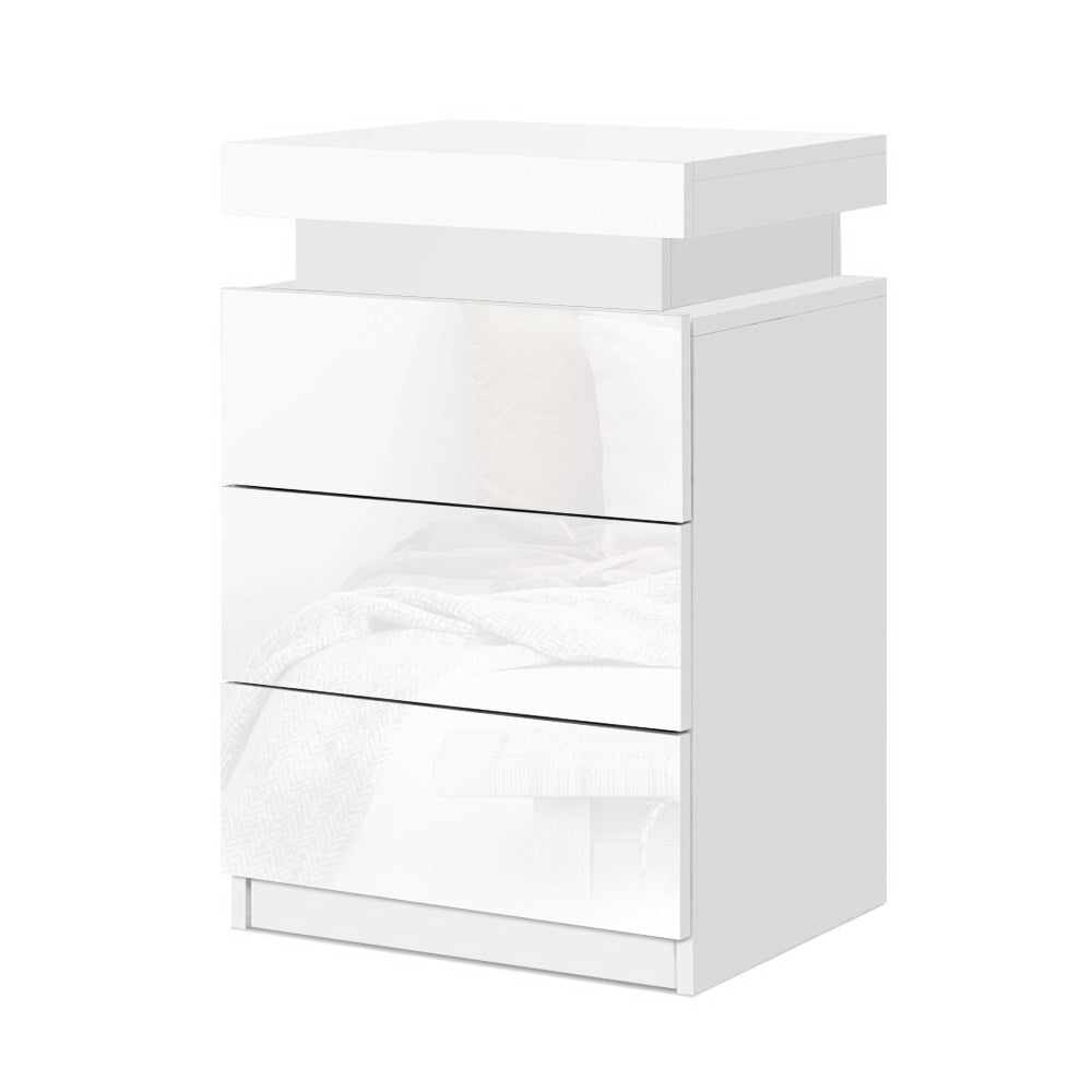 Artiss Bedside Table LED 3 Drawers - COLEY White - Furniture > Bedroom > Bedside Tables