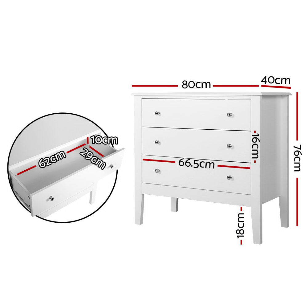 Artiss 3 Chest of Drawers - BRITTANY White - Furniture > Bedroom > Dressers