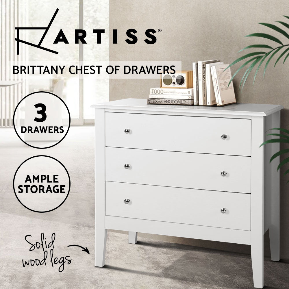 Artiss 3 Chest of Drawers - BRITTANY White - Furniture > Bedroom > Dressers