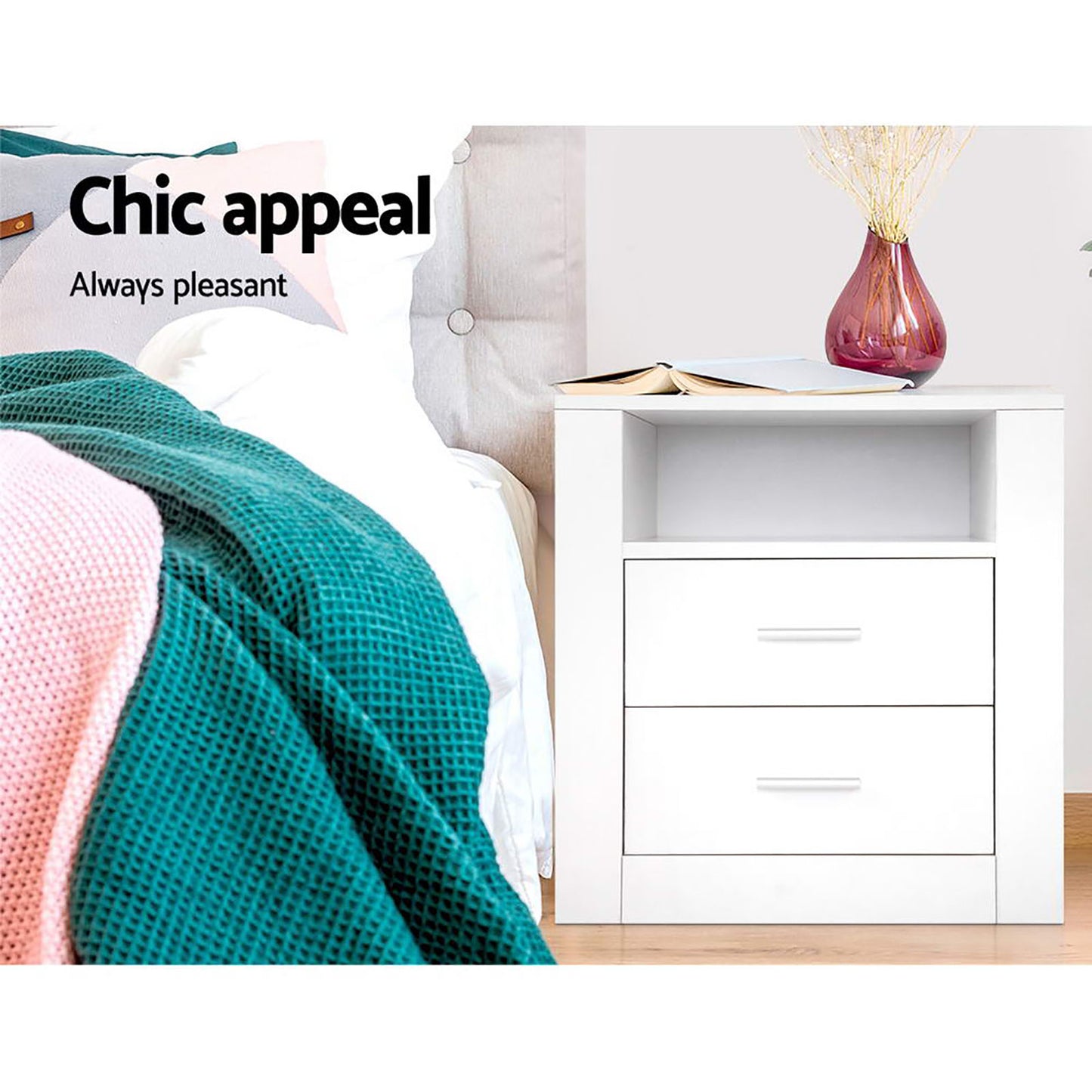Artiss 2 X Bedside Table 2 Drawers with Shelf - TARA White - Furniture > Bedroom > Bedside Tables