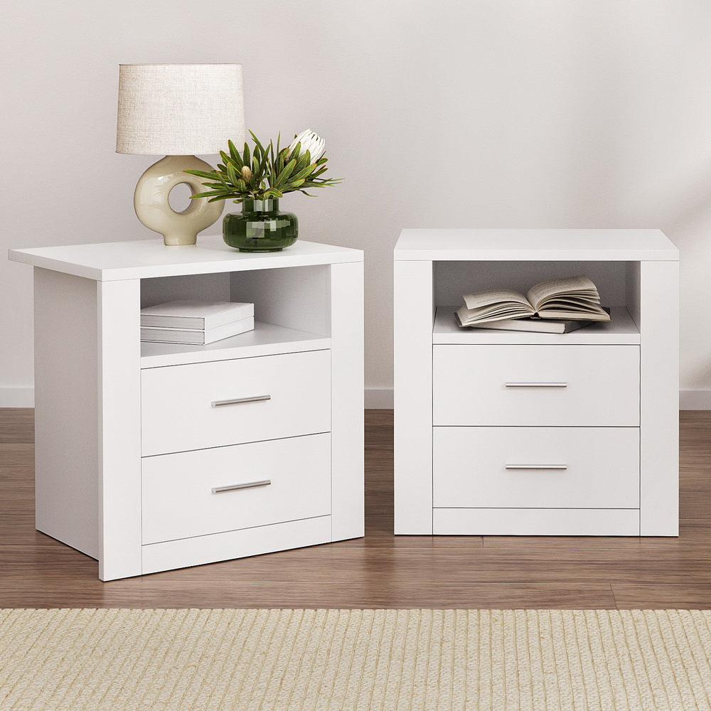 Artiss 2 X Bedside Table 2 Drawers with Shelf - TARA White - Furniture > Bedroom > Bedside Tables