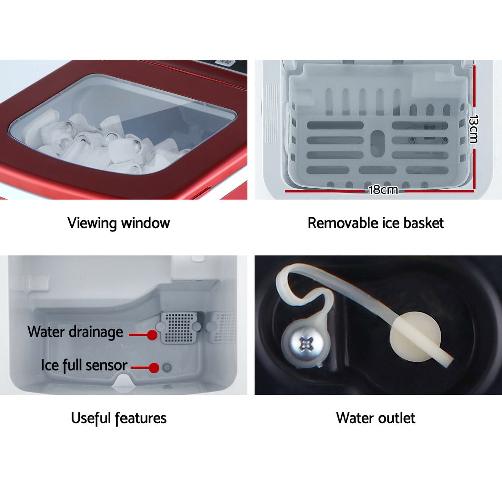 DEVANTi Portable Ice Cube Maker Machine 2L Home Bar Benchtop Easy Quick Red Appliances > Kitchen Appliances > Ice Makers