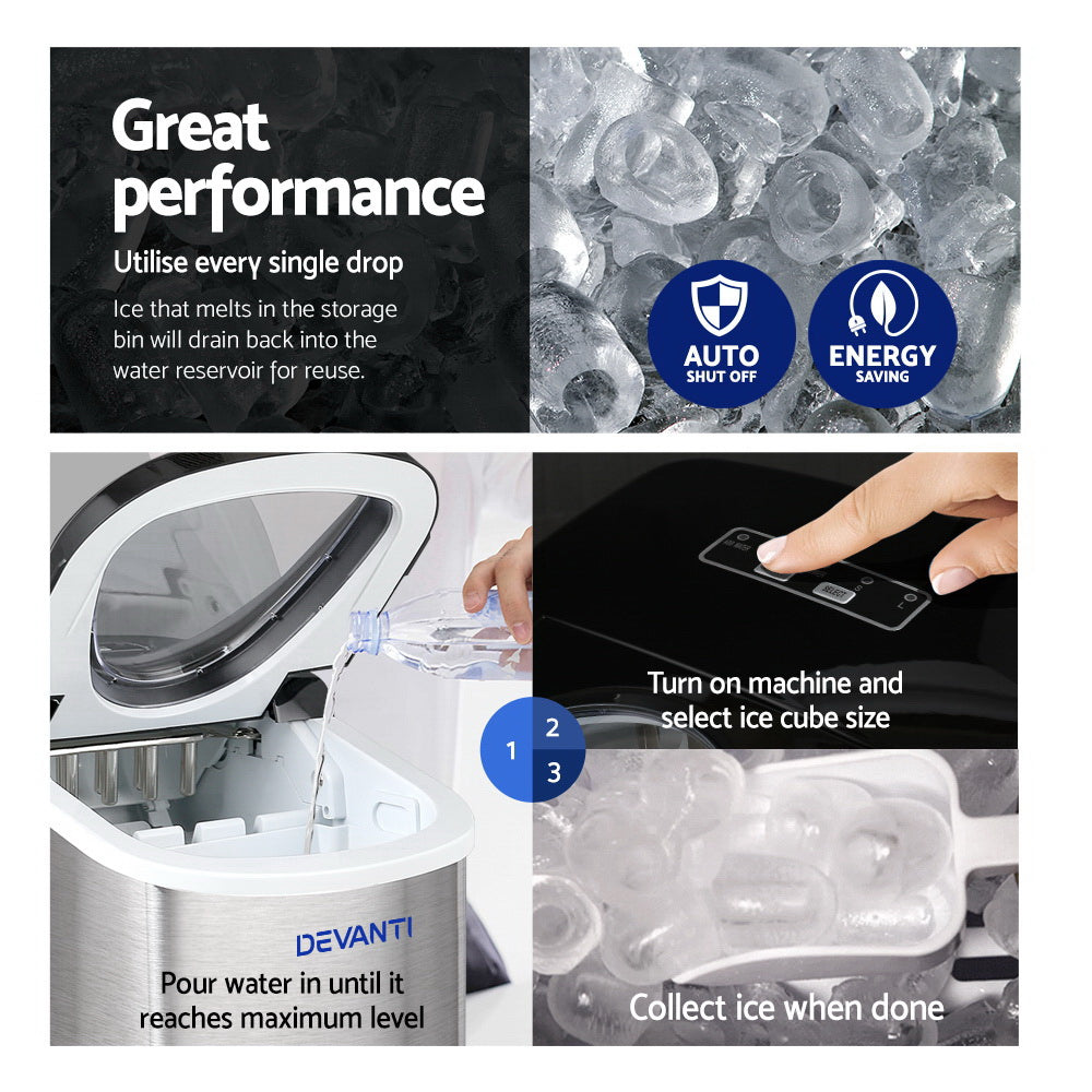 Devanti 2.4L Stainless Steel Portable Ice Cube Maker Appliances > Kitchen Appliances > Ice Makers