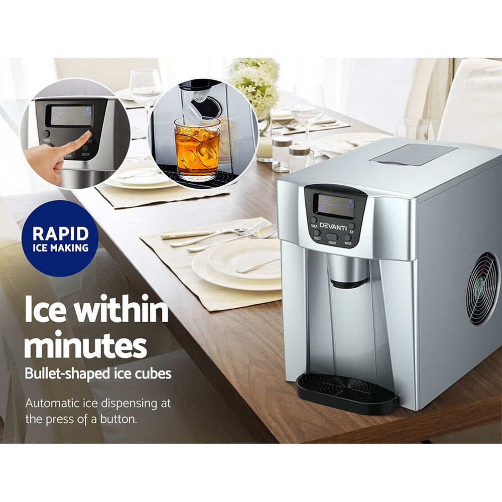 Devanti 2L Portable Ice Cuber Maker & Water Dispenser Silver Appliances > Kitchen Appliances