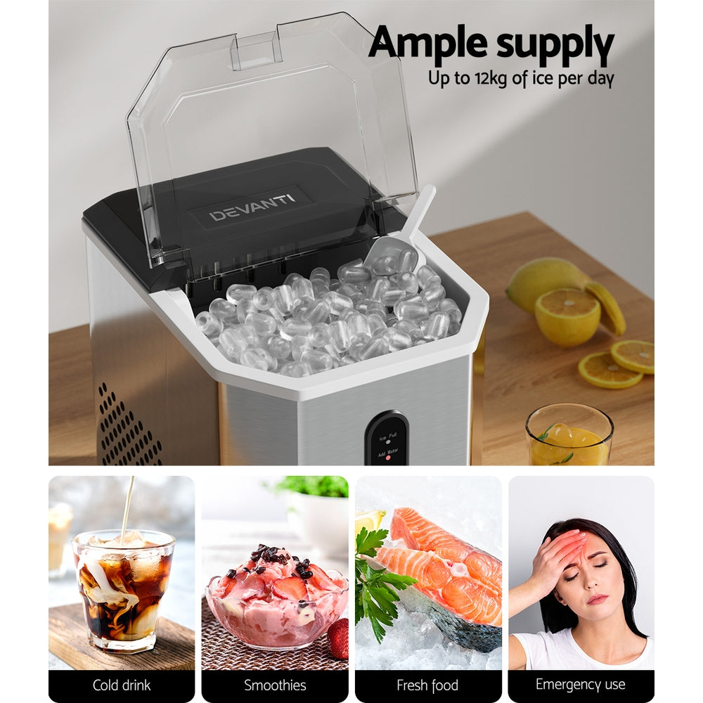 Devanti Portable Ice Maker Machine Ice Cube 12kg Bar Countertop Stainless Steel Appliances > Kitchen Appliances > Ice