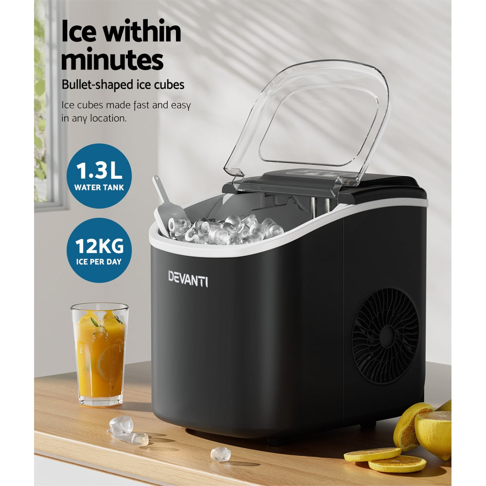 Devanti Portable Ice Maker Machine Ice Cube Tray 12kg Bar Countertop Black Appliances > Kitchen Appliances > Ice Makers