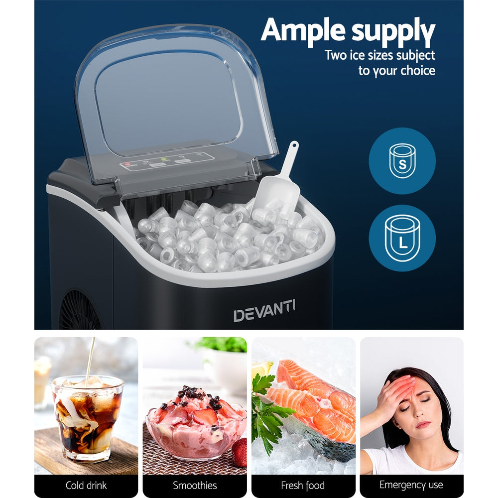 Devanti Portable Ice Maker Machine Ice Cube Tray 12kg Bar Countertop Black Appliances > Kitchen Appliances > Ice Makers