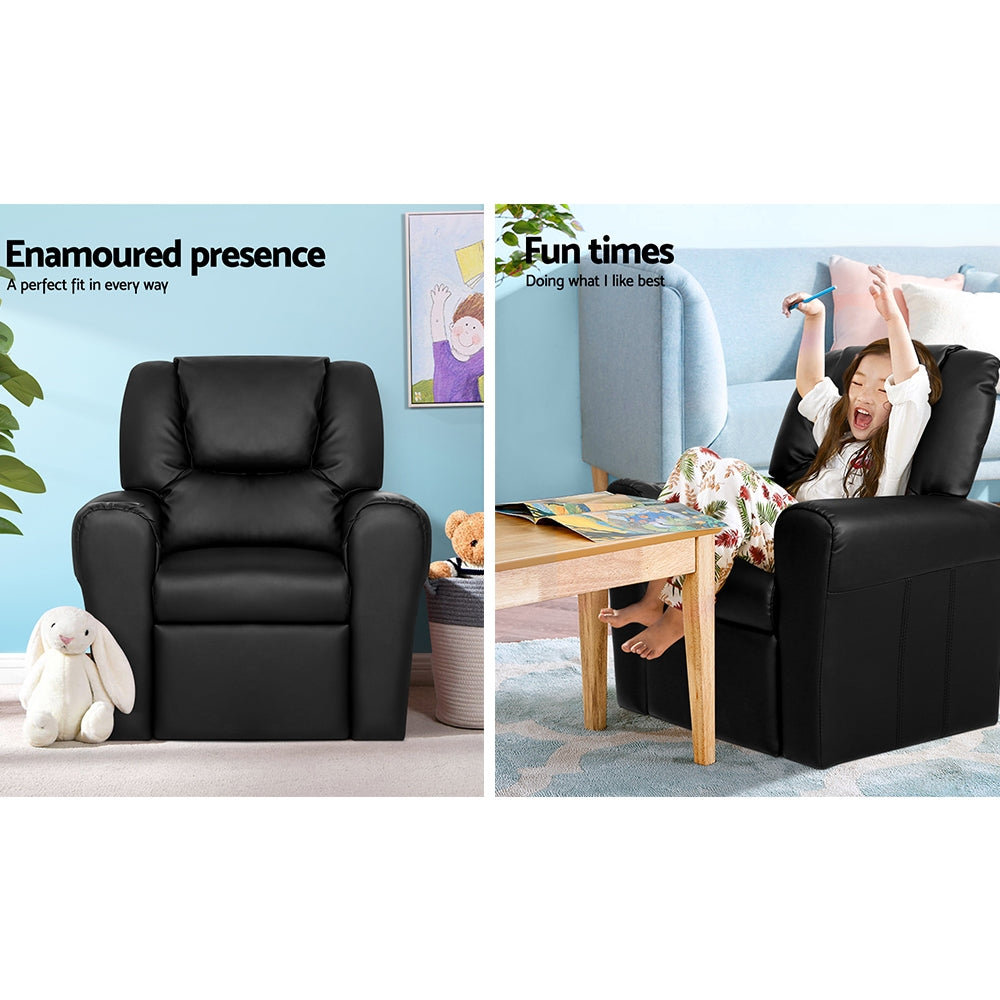 Keezi Kids Recliner Chair PU Leather Sofa Lounge Couch Children Armchair Black - Baby & Kids > Kid’s Furniture > Kid’s