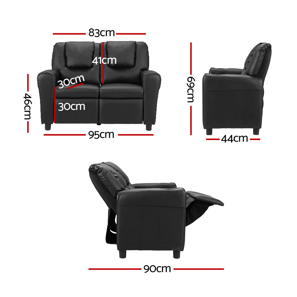 Keezi Kids Recliner Chair Double PU Leather Sofa Lounge Couch Armchair Black - Furniture > Office > Office & Desk Chairs