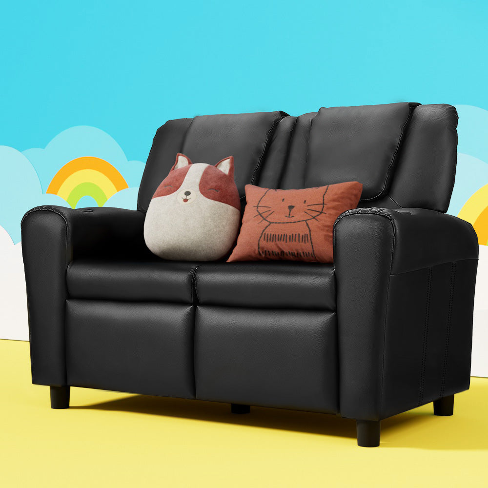 Keezi Kids Recliner Chair Double PU Leather Sofa Lounge Couch Armchair Black - Furniture > Office > Office & Desk Chairs
