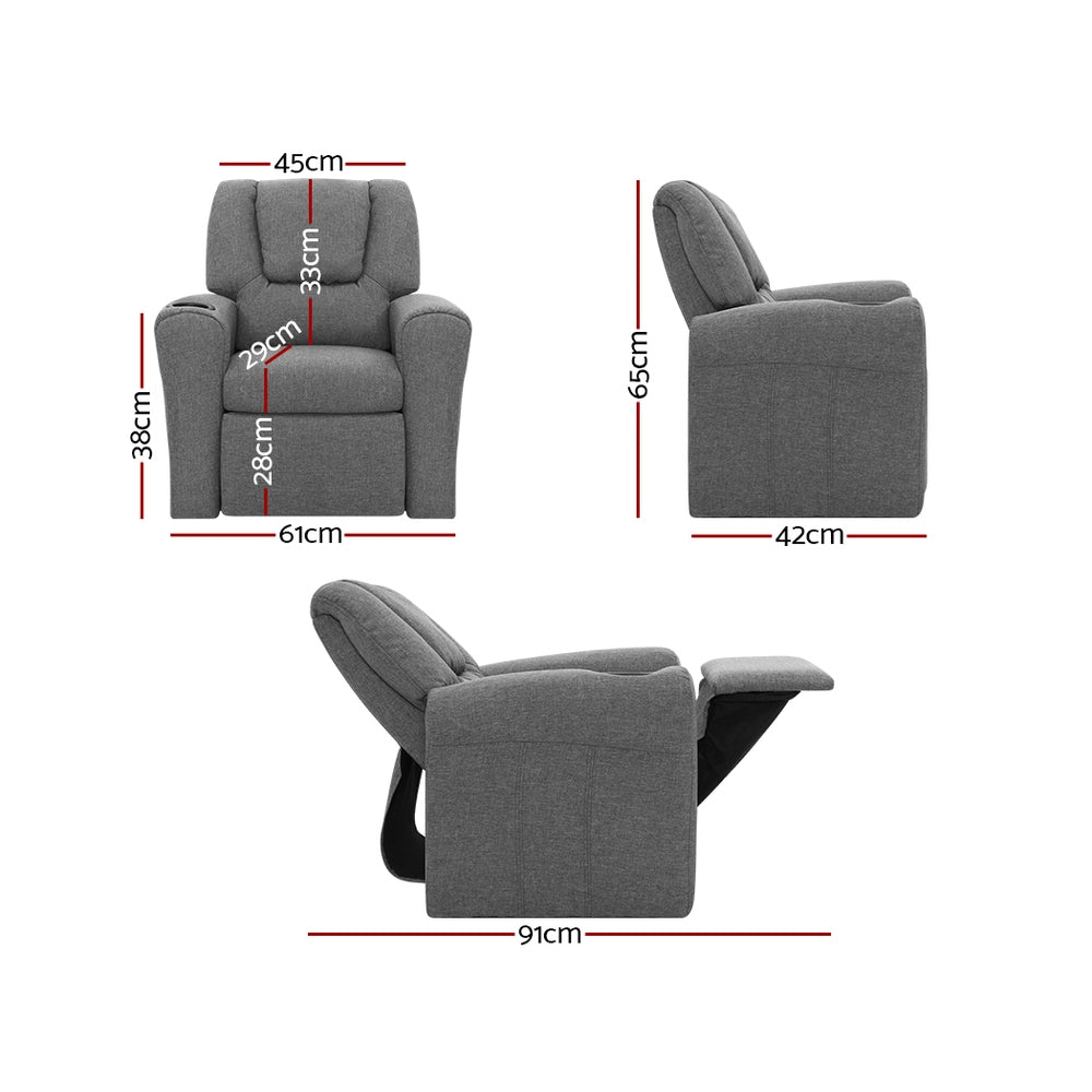 Keezi Kids Recliner Chair Linen Soft Sofa Lounge Couch Children Armchair Grey - Furniture > Bar Stools & Chairs > Arm