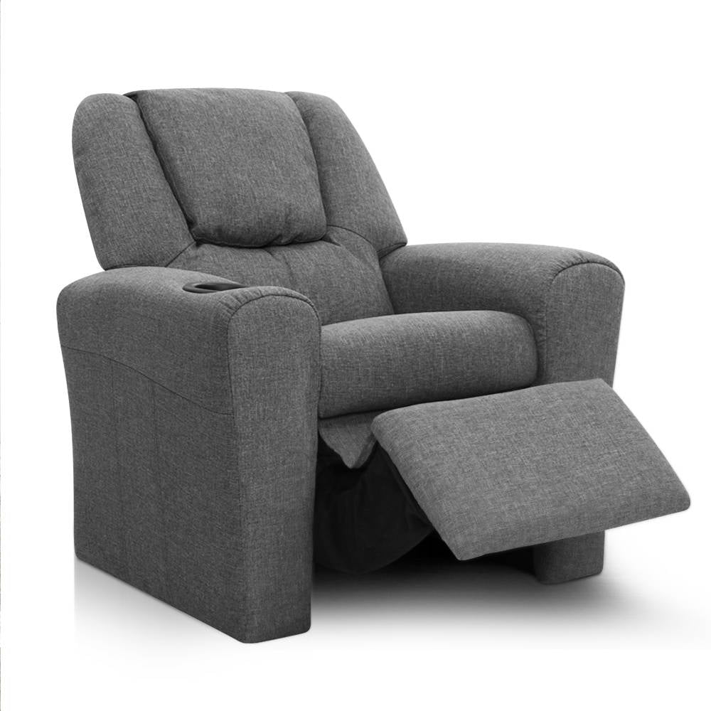 Keezi Kids Recliner Chair Linen Soft Sofa Lounge Couch Children Armchair Grey - Furniture > Bar Stools & Chairs > Arm