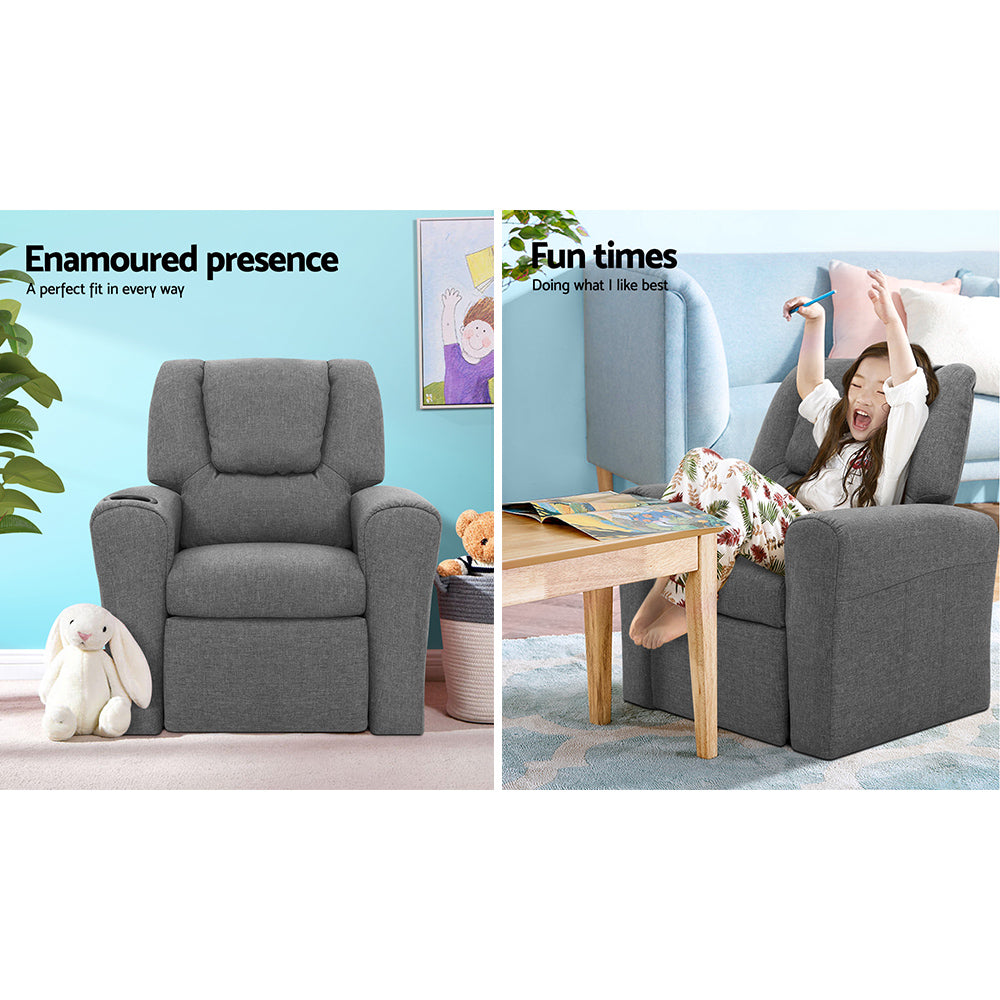 Keezi Kids Recliner Chair Linen Soft Sofa Lounge Couch Children Armchair Grey - Furniture > Bar Stools & Chairs > Arm