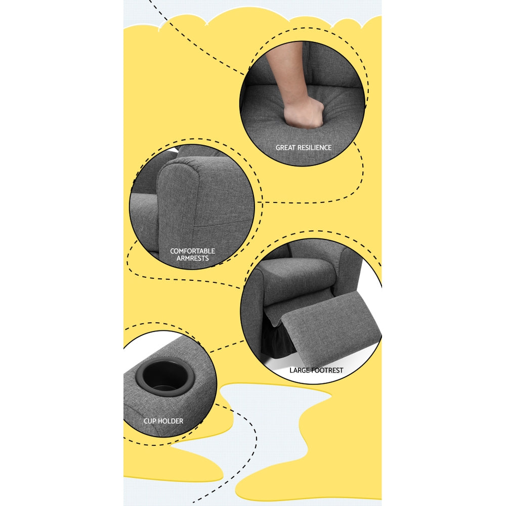 Kids Recliner Chair Linen Soft Sofa Lounge Couch Children Armchair Grey - Furniture > Bar Stools & Chairs > Arm Chairs