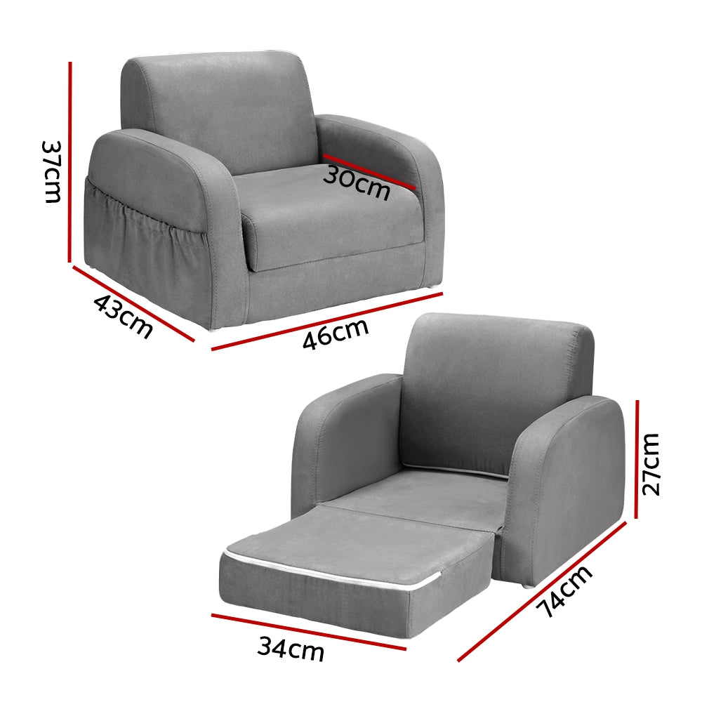 Keezi Kids Sofa 2 Seater Children Flip Open Couch Lounger Armchair Soft Grey - Baby & Kids > Kid’s Furniture > Kid’s