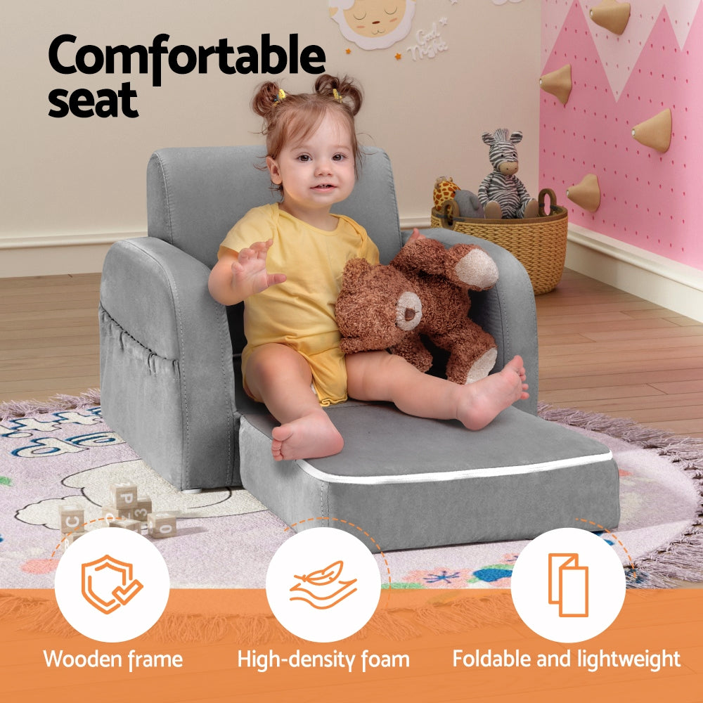 Keezi Kids Sofa 2 Seater Children Flip Open Couch Lounger Armchair Soft Grey - Baby & Kids > Kid’s Furniture > Kid’s