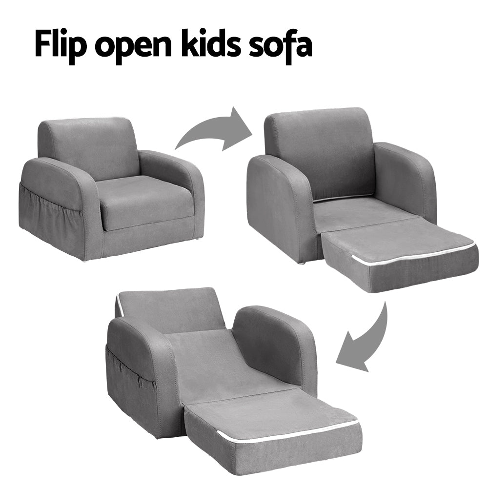Keezi Kids Sofa 2 Seater Children Flip Open Couch Lounger Armchair Soft Grey - Baby & Kids > Kid’s Furniture > Kid’s
